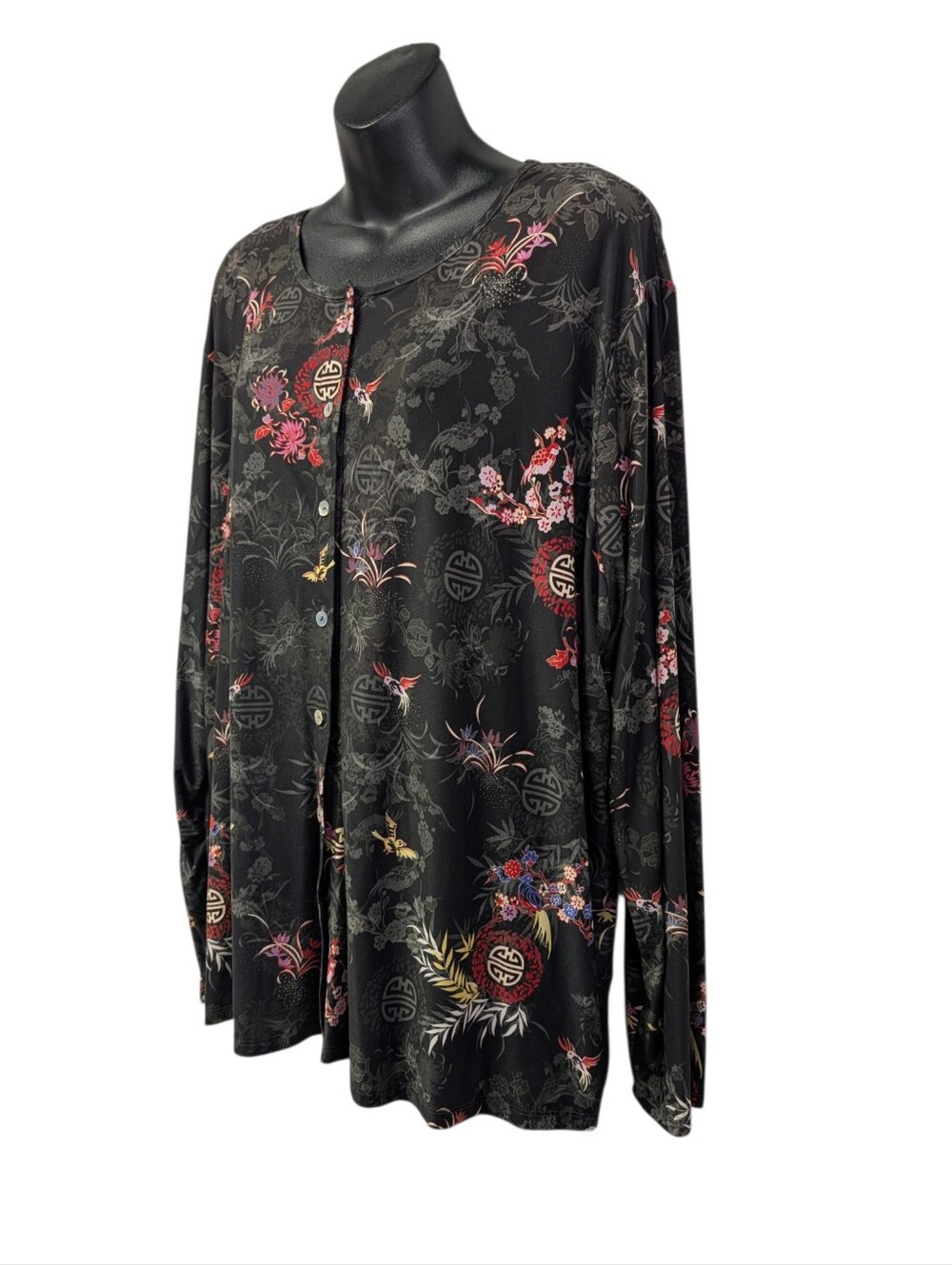 CJ Banks Womens 3X Black Floral Button-Front Knit Long Sleeve Round Neck Top - Picture 3 of 8